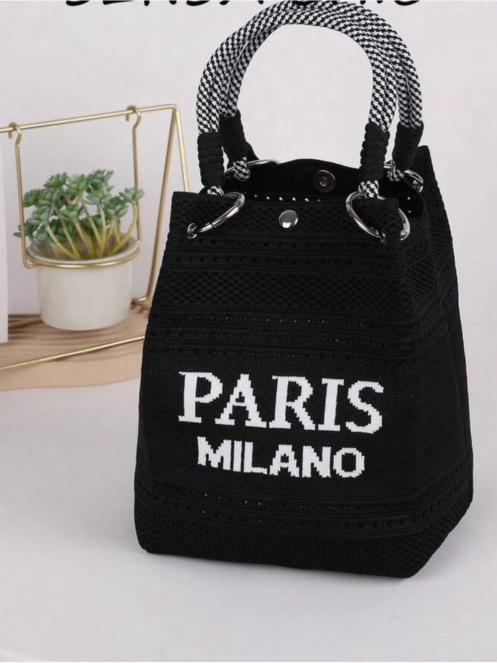 Black 'PARIS MILANO' Knit Tote Bag with Contrast Handles